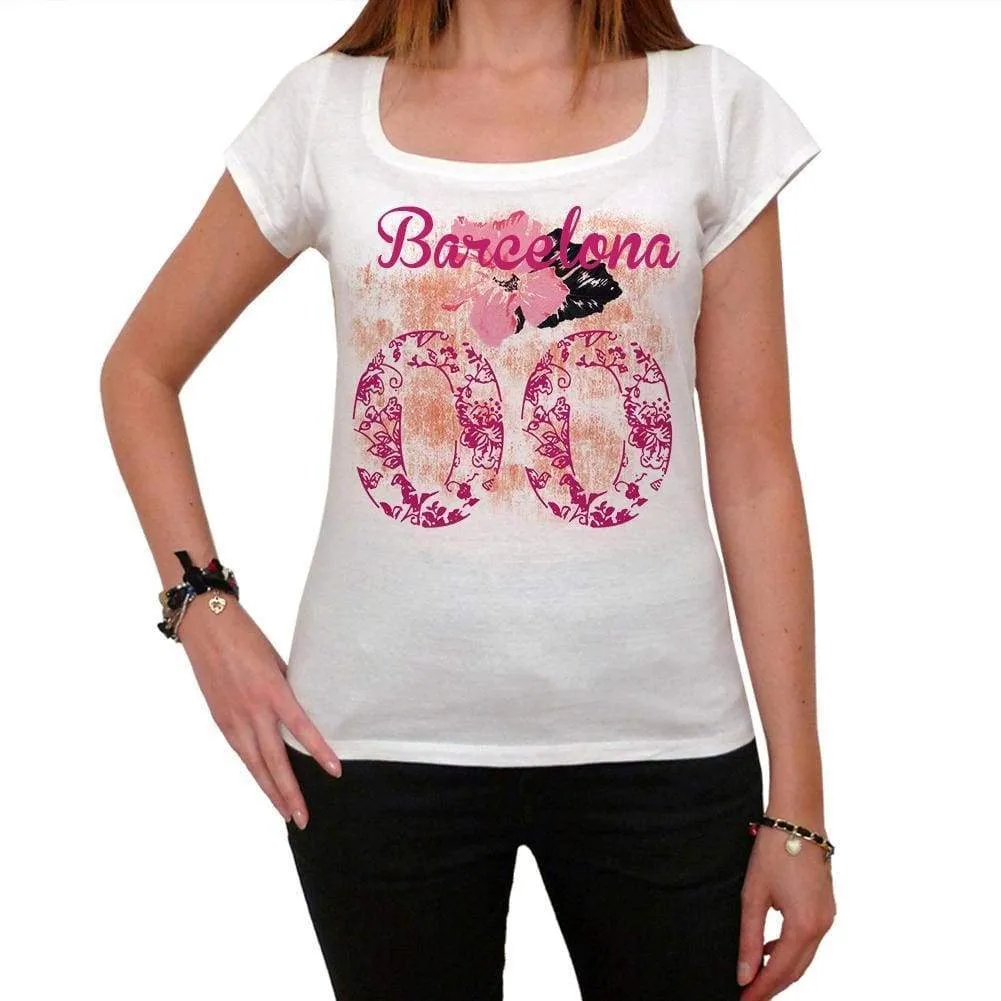 00, Barcelona, City With Number, Women's Short Sleeve Round White T-shirt 00008