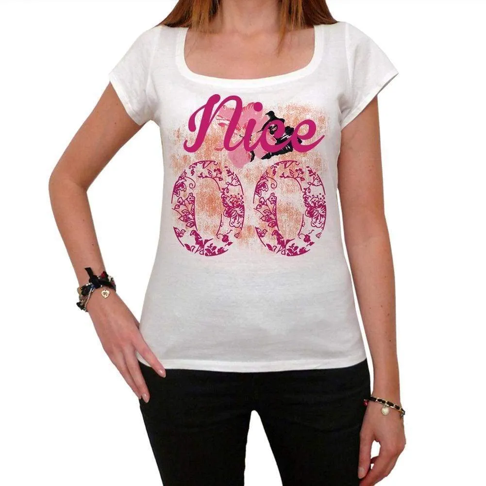 00, Nice, City With Number, Women's Short Sleeve Round White T-shirt 00008