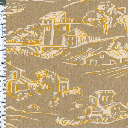 1 3/4 YD PC-Tan Village Toile Print Home Decor Cotton Fabric