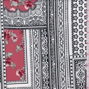 1 3/8 YD PC-White/Black Deco Patchwork Double Brushed Jersey Knit Fabric