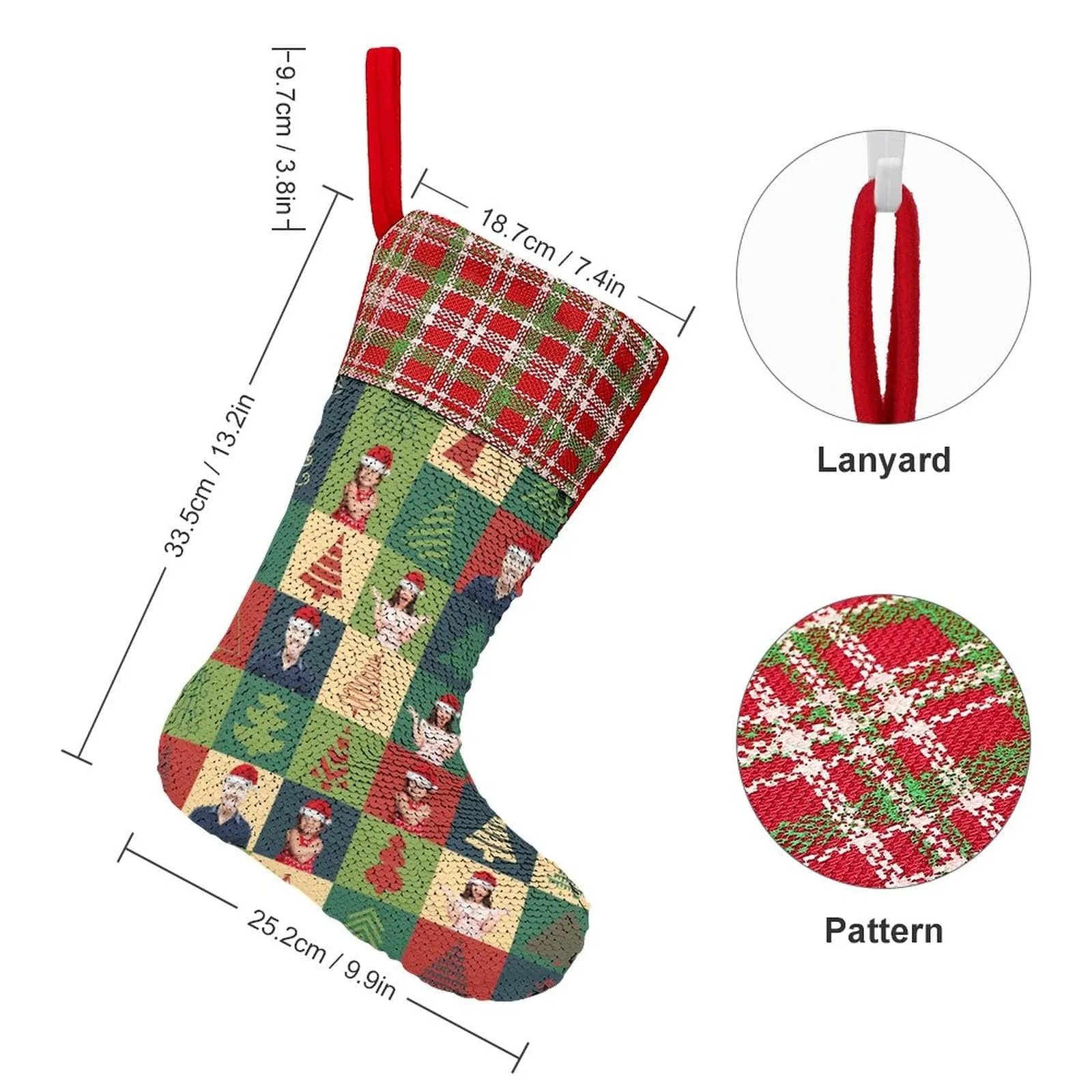 16.5in(L) Super Size-Custom Family Face Christmas Tree Lattice Flip Sequins Christmas Stocking