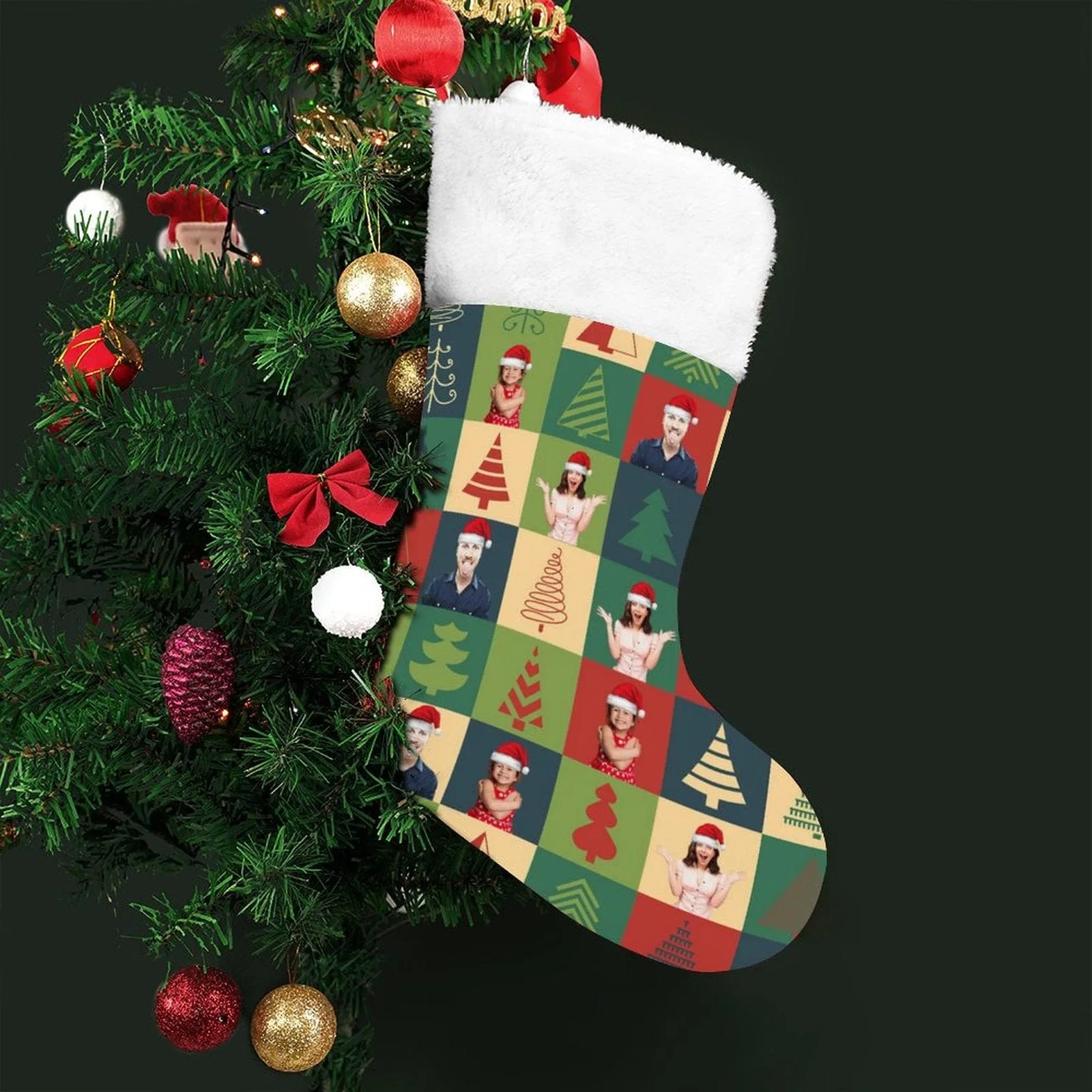 16.5in(L) Super Size-Custom Family Face Christmas Tree Lattice Flip Sequins Christmas Stocking