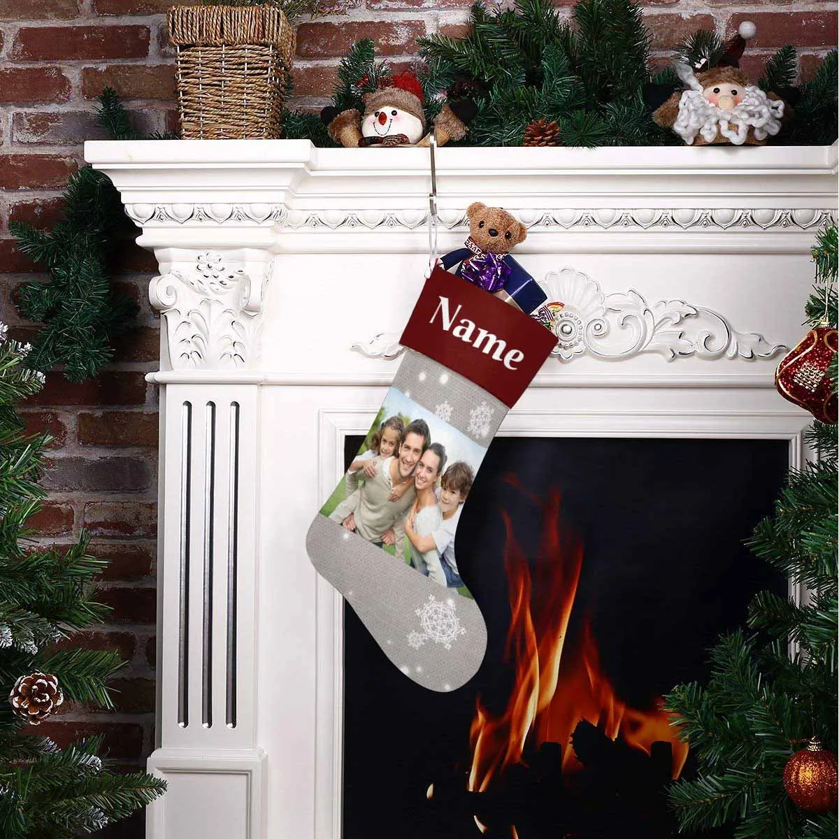 17.52in(L) Super Size-Custom Photo&Name Snow Grey Christmas Stocking