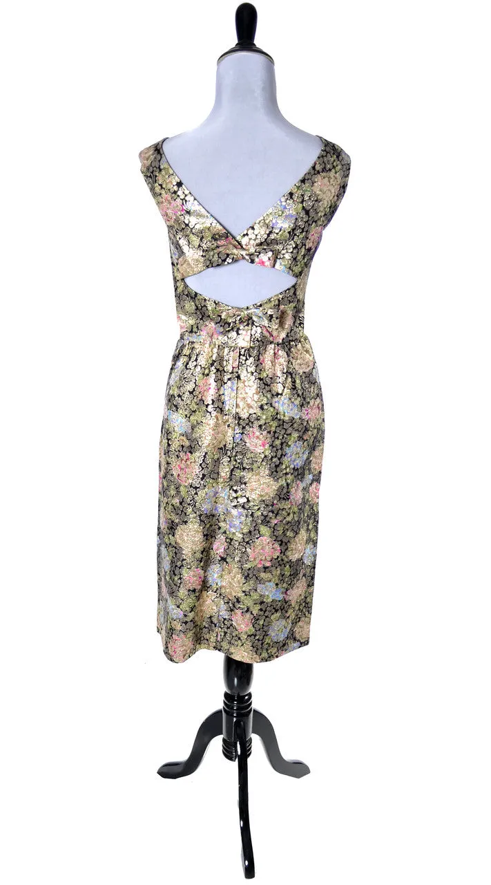 1960's Hannah Troy Vintage Gold Lame Metallic Floral Dress