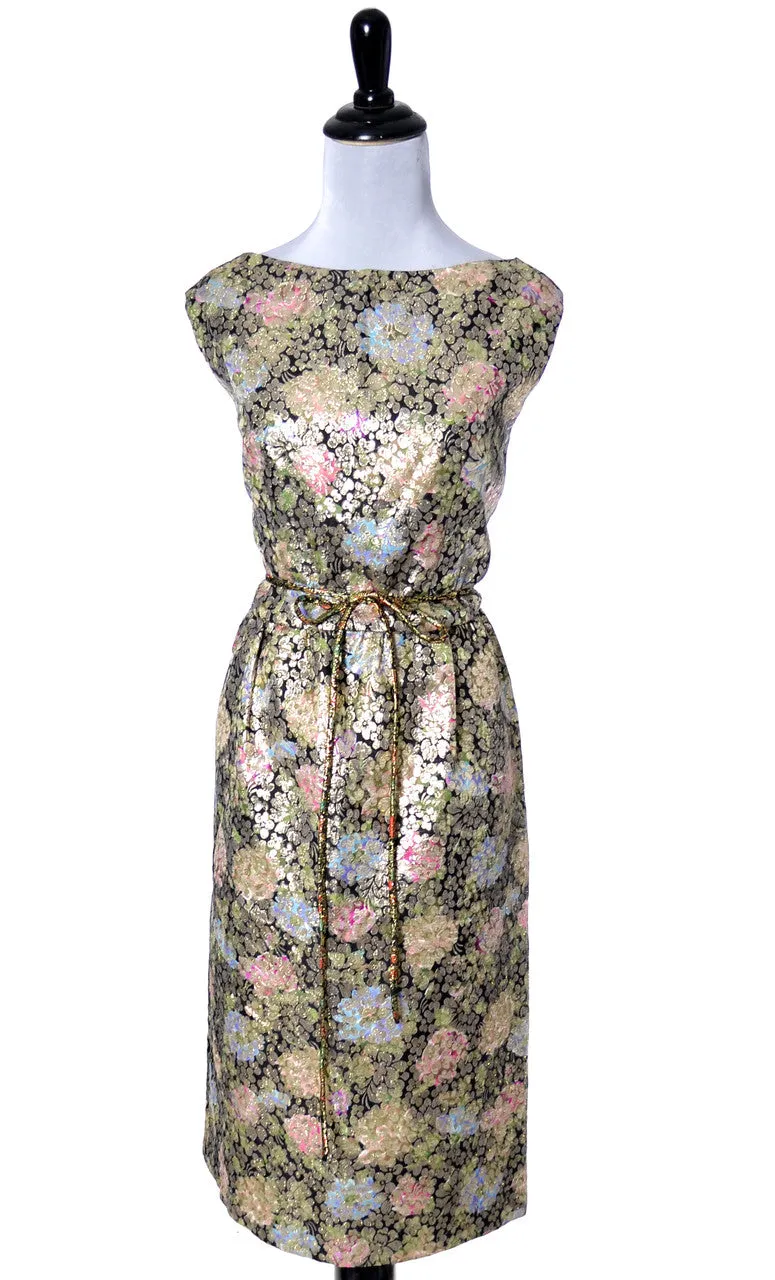 1960's Hannah Troy Vintage Gold Lame Metallic Floral Dress