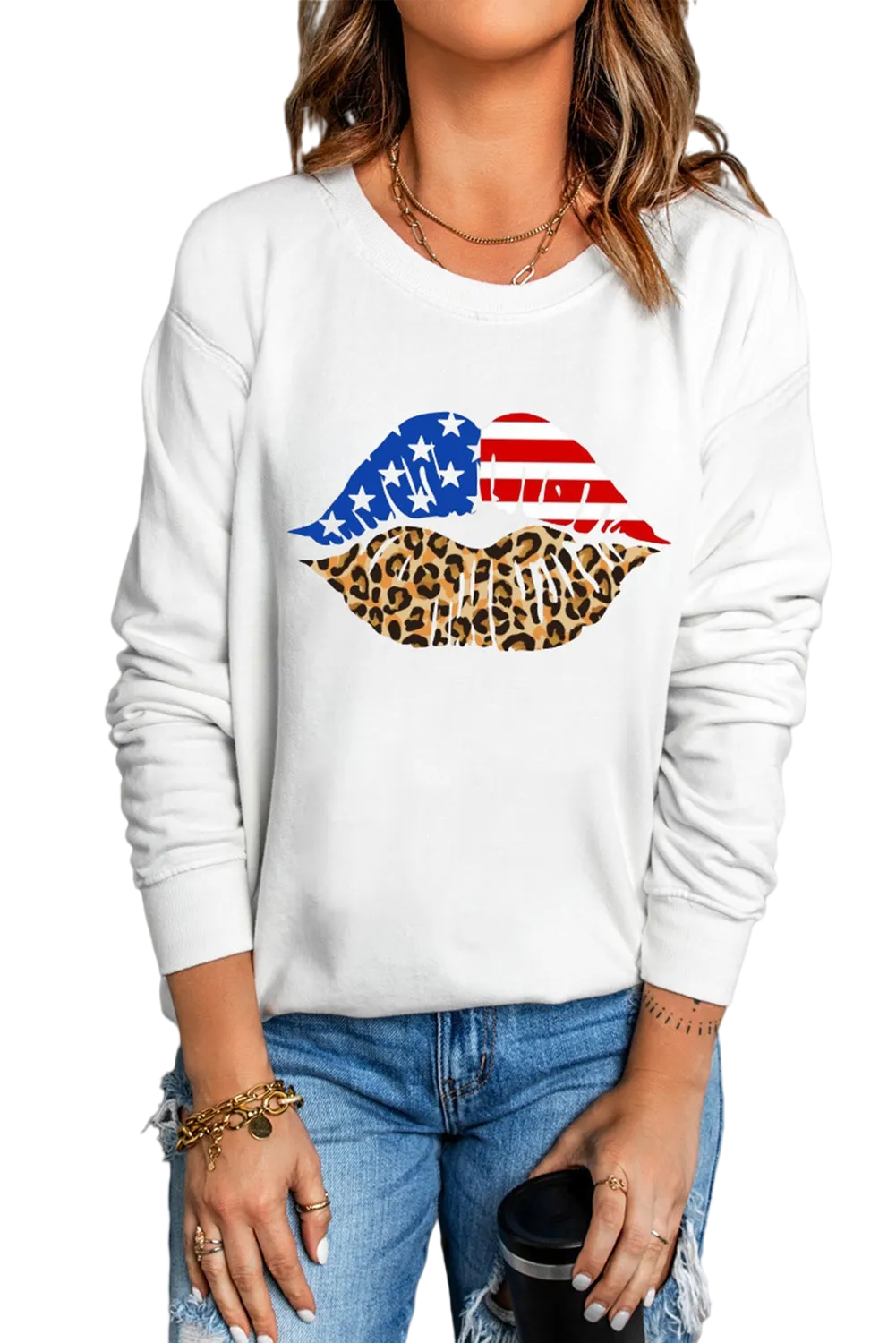 American Flag and Cheetah Print Lips Graphic Sweatshirt