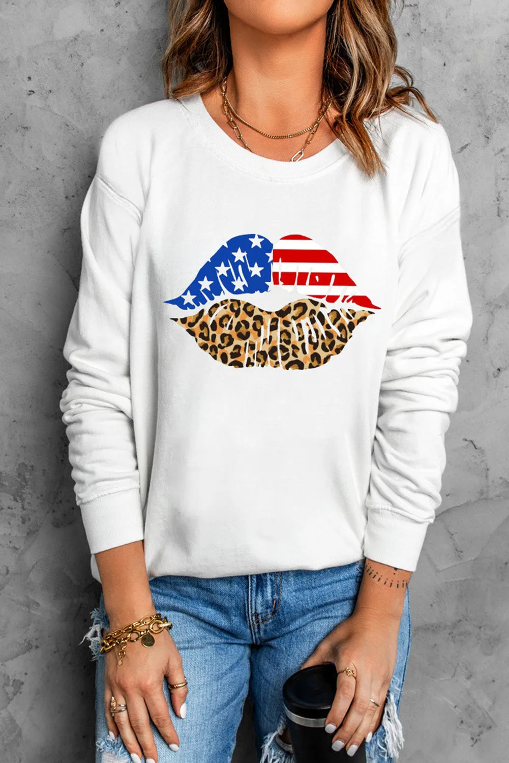 American Flag and Cheetah Print Lips Graphic Sweatshirt