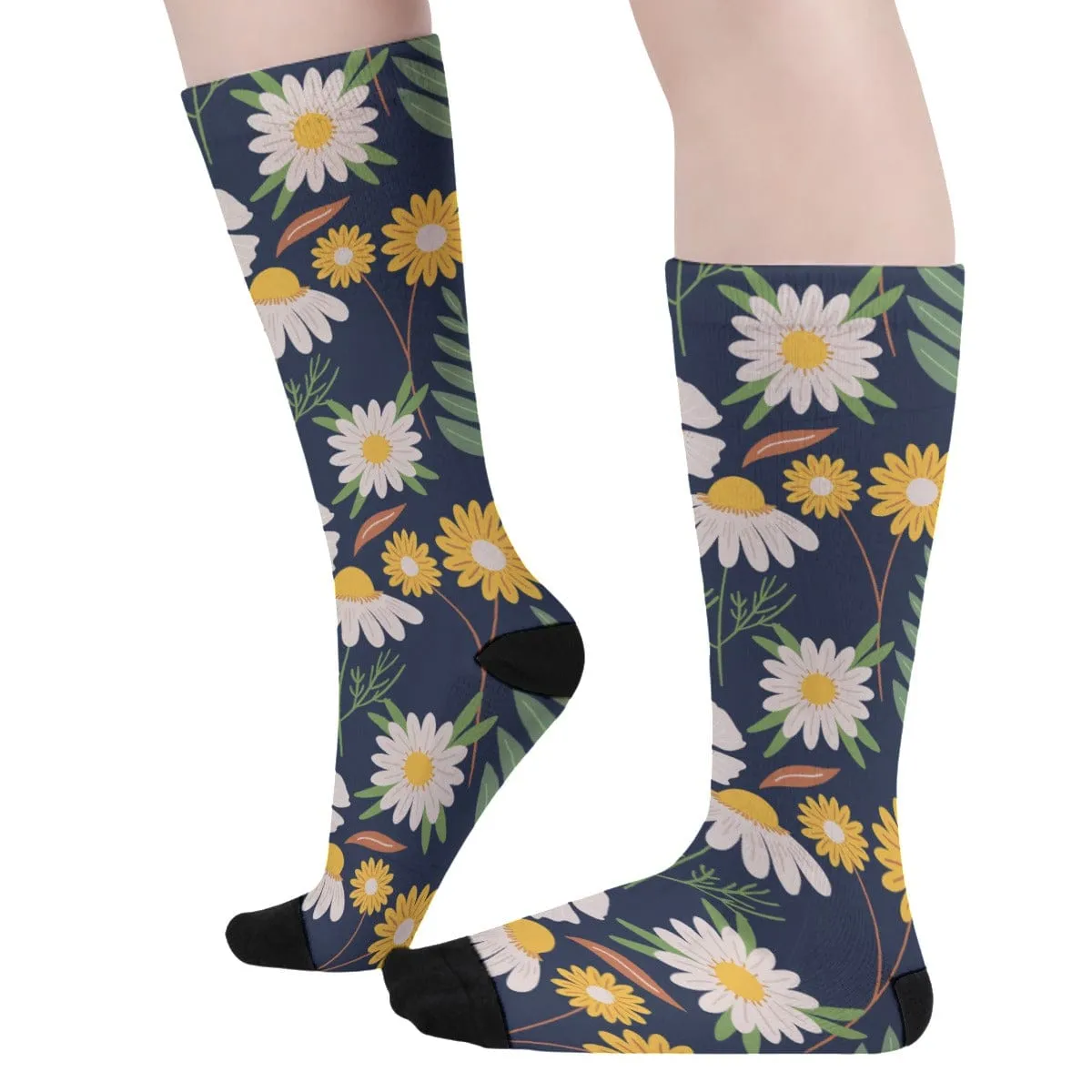 Black Ecru Daisy - All-Over Print Unisex Long Socks