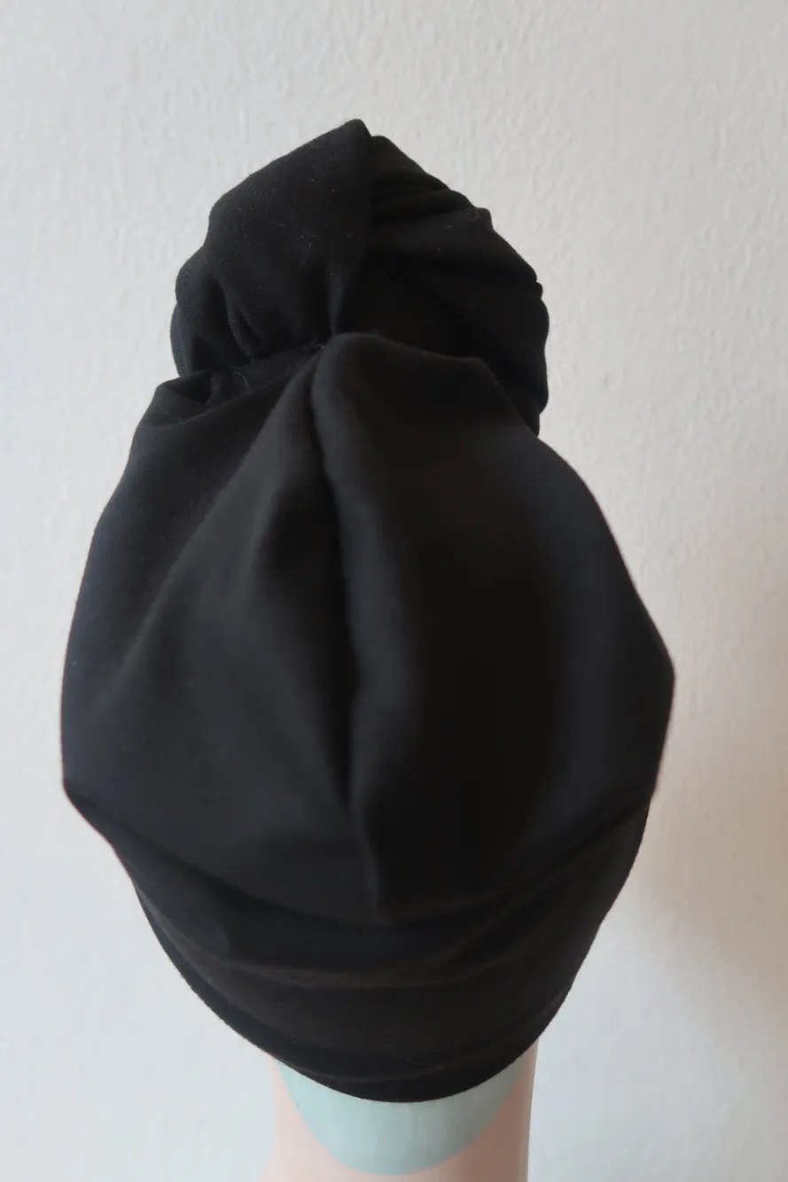 BLACK KNOT CHOICE 1940s Pre-tied Stretchy Plain Black Turban(made to order)