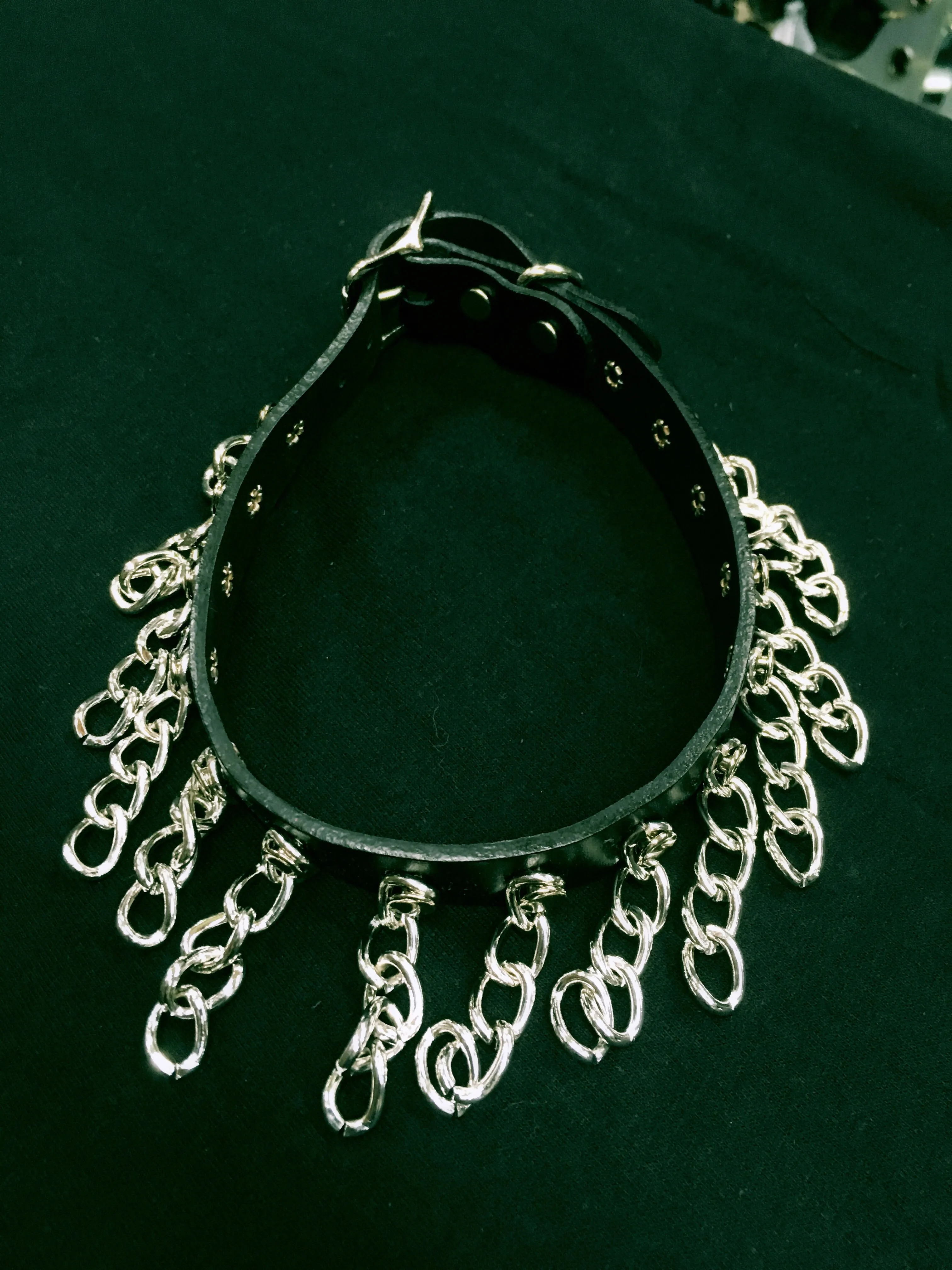 Black Leather Collar w/ Silver Hanging Chain Details