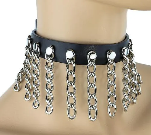 Black Leather Collar w/ Silver Hanging Chain Details