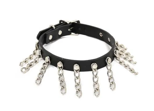 Black Leather Collar w/ Silver Hanging Chain Details