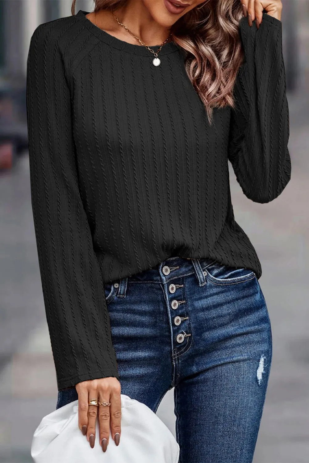 Black Ribbed Round Neck Knit Long Sleeve Top