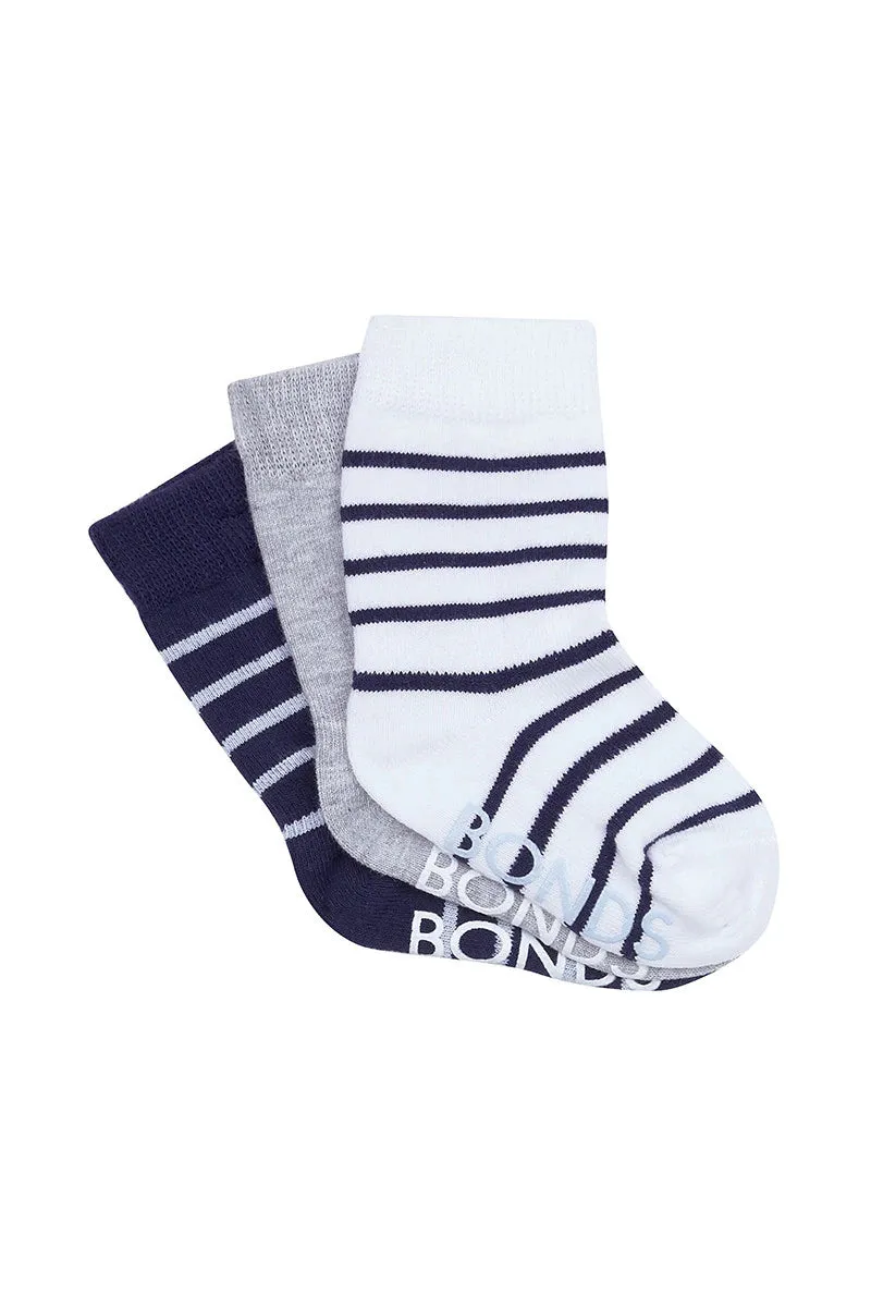 Bonds Baby Stay On Crew Socks 3 Pack - Black Sea Pack