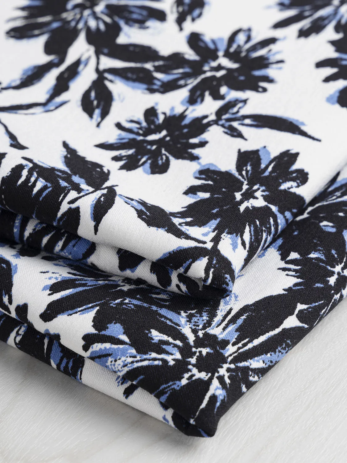 Daisy Print Stretch Viscose Twill Deadstock - Black   Blue   White - Swatch