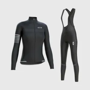 Fdx Women's & Girl's Set All Day Thermal Roubaix Long Sleeve Cycling Jersey & Cargo Bib Tights - Black