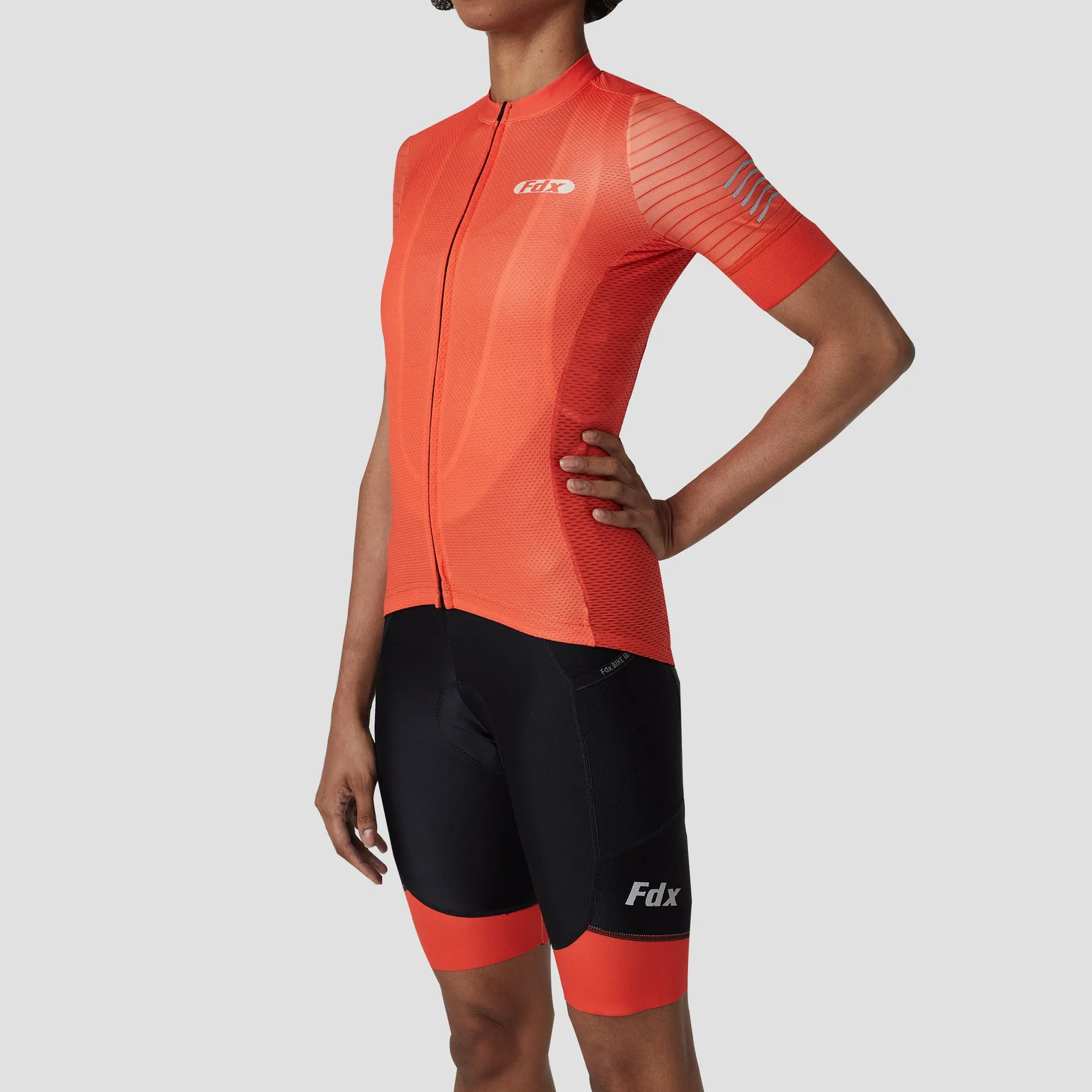 Fdx Women's & Girl's Set Essential Orange Short Sleeve Cycling Jersey & Cargo Bib Shorts