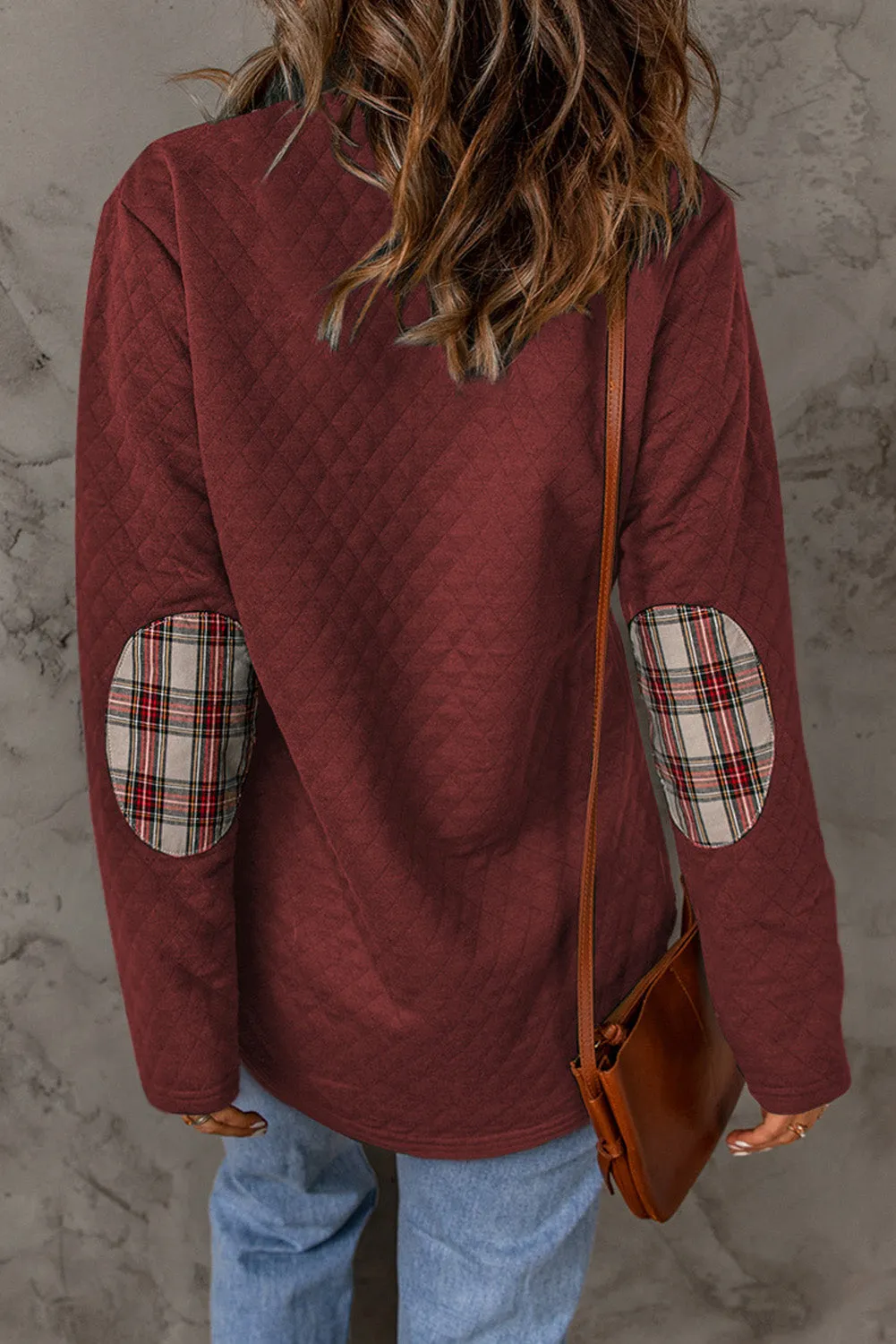 Green Geometric Texture Plaid Trim Sweatshirt