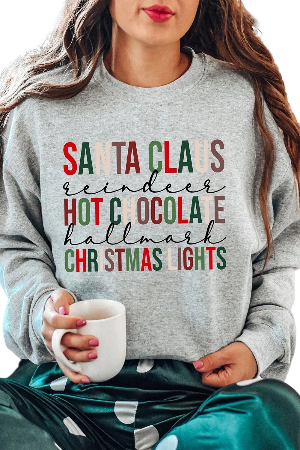 Grey Christmas Letter Crew Neck Graphic Pullover Sweatshirt