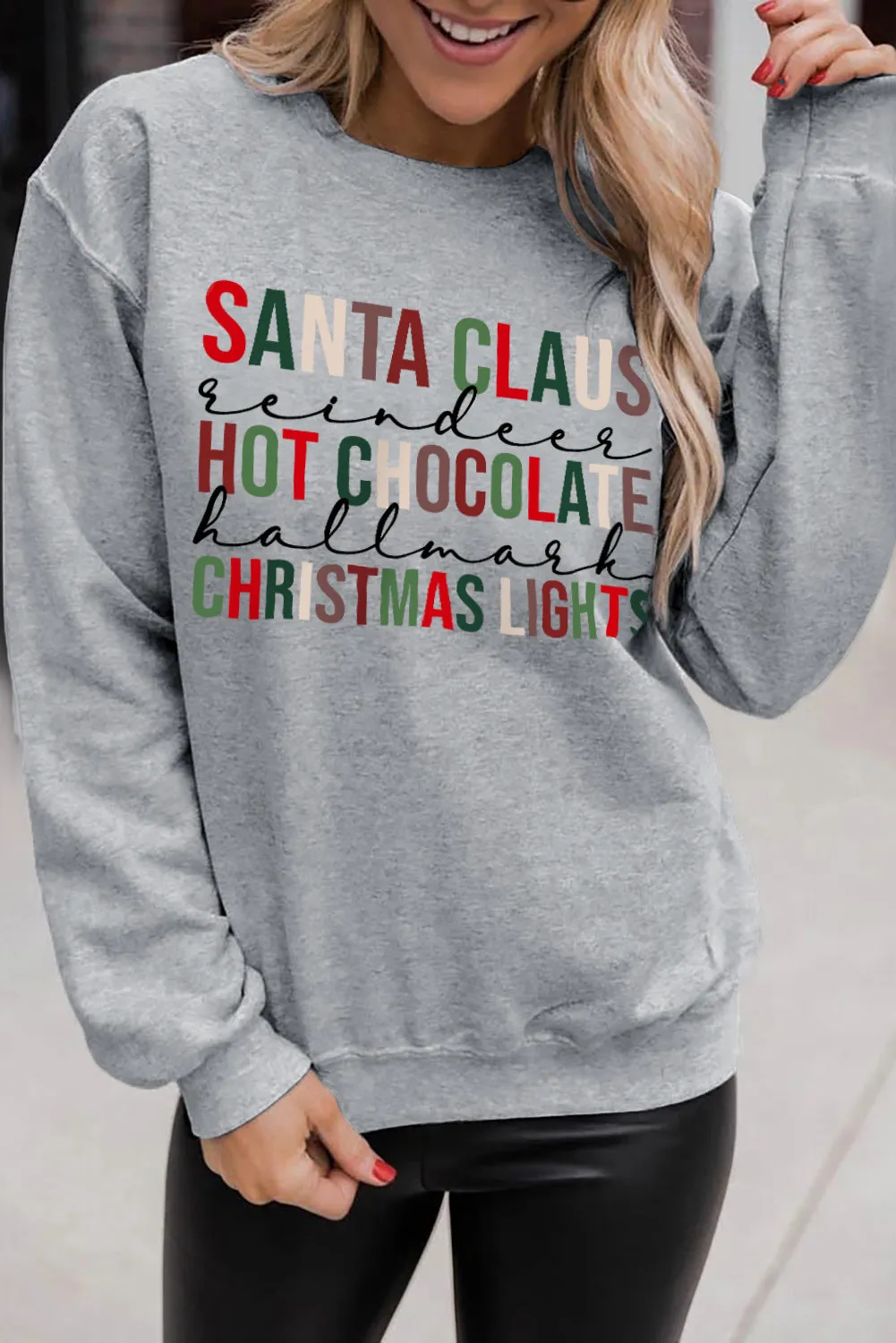 Grey Christmas Letter Crew Neck Graphic Pullover Sweatshirt