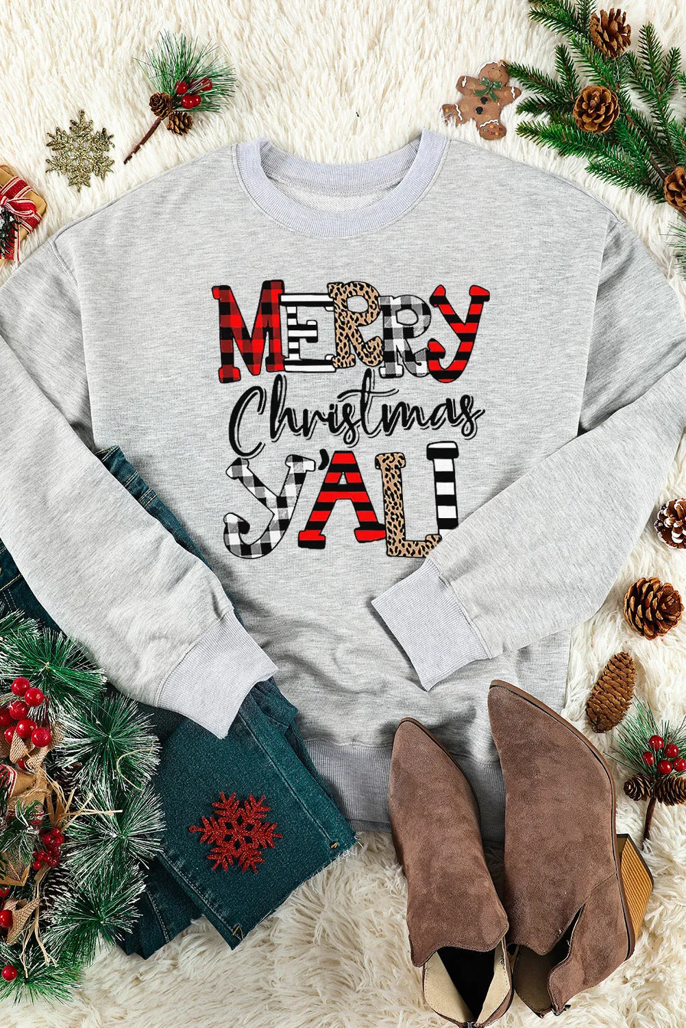 Grey Christmas Letter Print Graphic Long Sleeve Sweatshirt