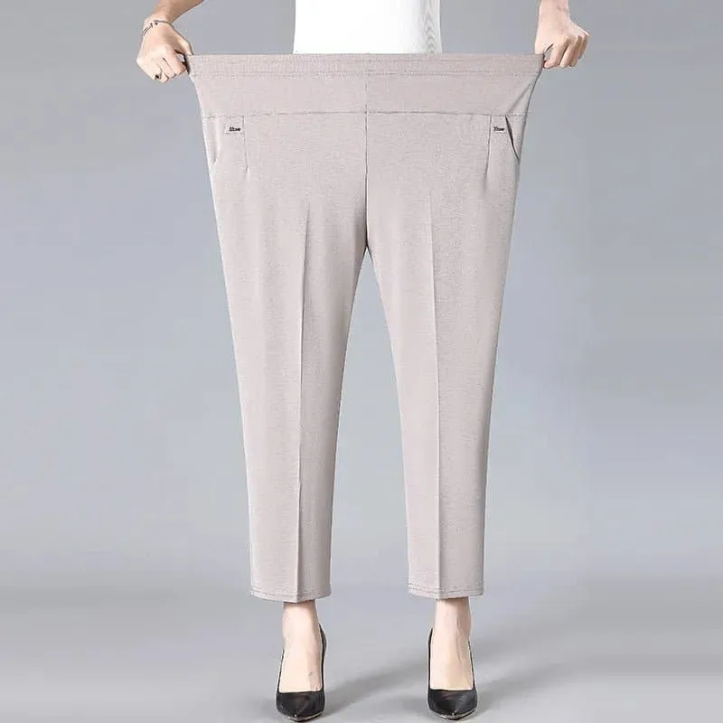 Mid Aged Women's High Waist Casual Pants | Broadcloth | Ankle-Length