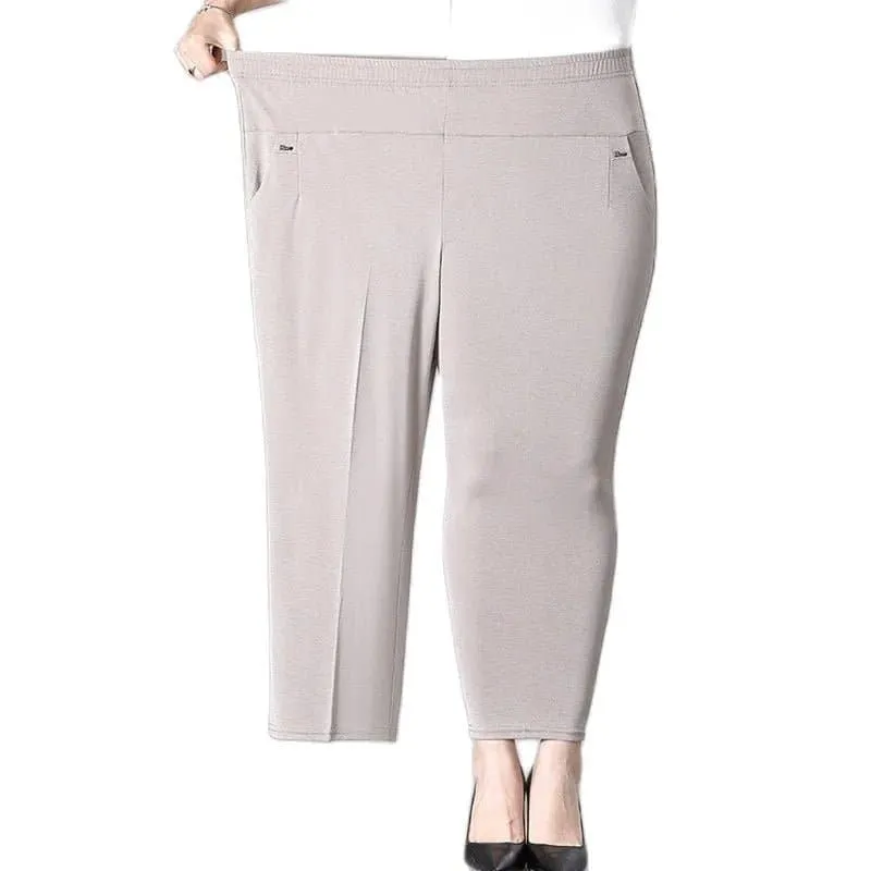 Mid Aged Women's High Waist Casual Pants | Broadcloth | Ankle-Length