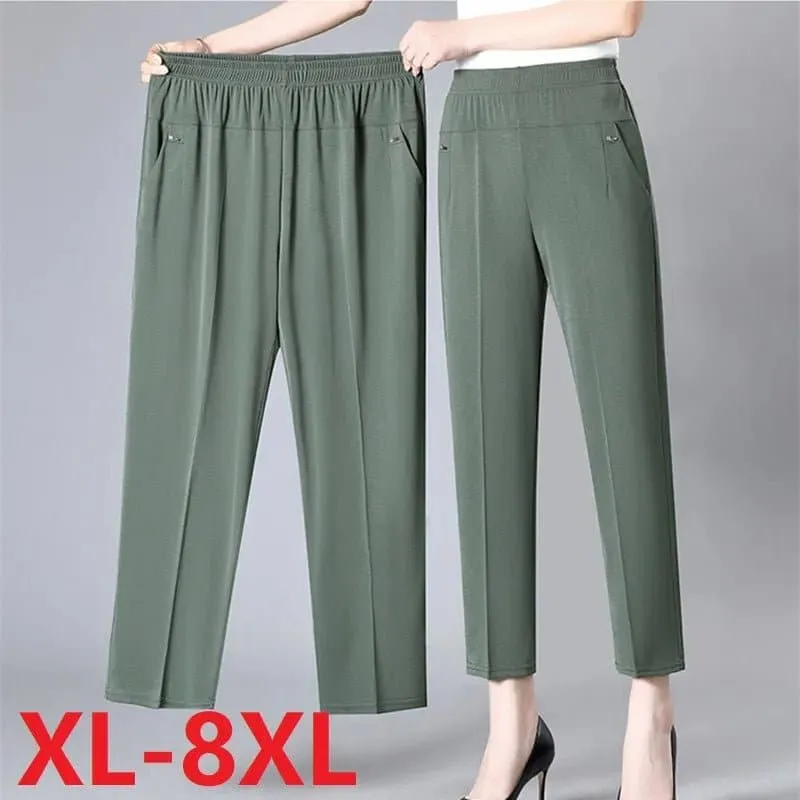 Mid Aged Women's High Waist Casual Pants | Broadcloth | Ankle-Length