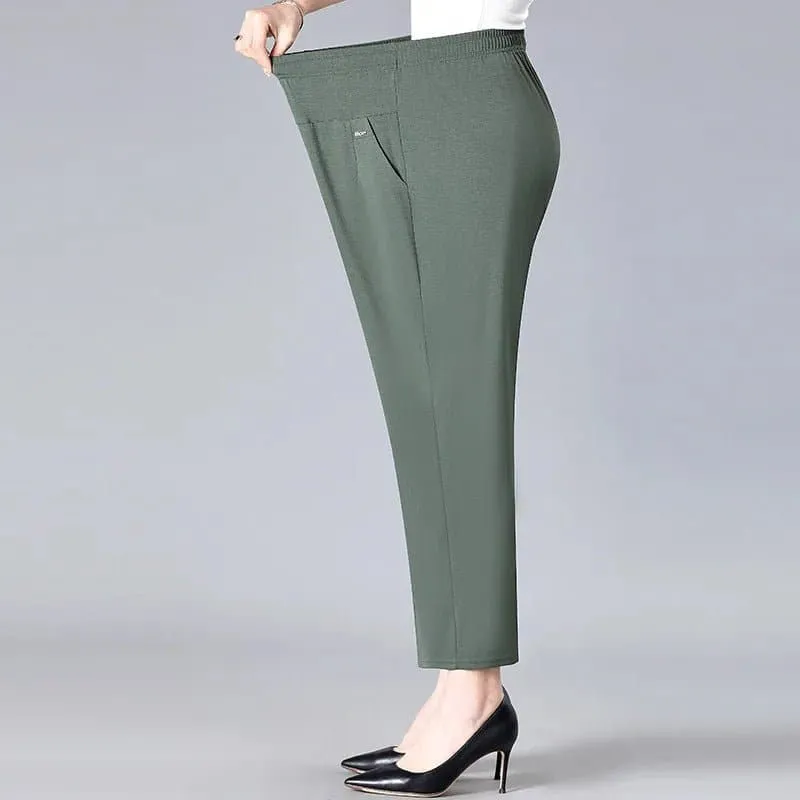 Mid Aged Women's High Waist Casual Pants | Broadcloth | Ankle-Length