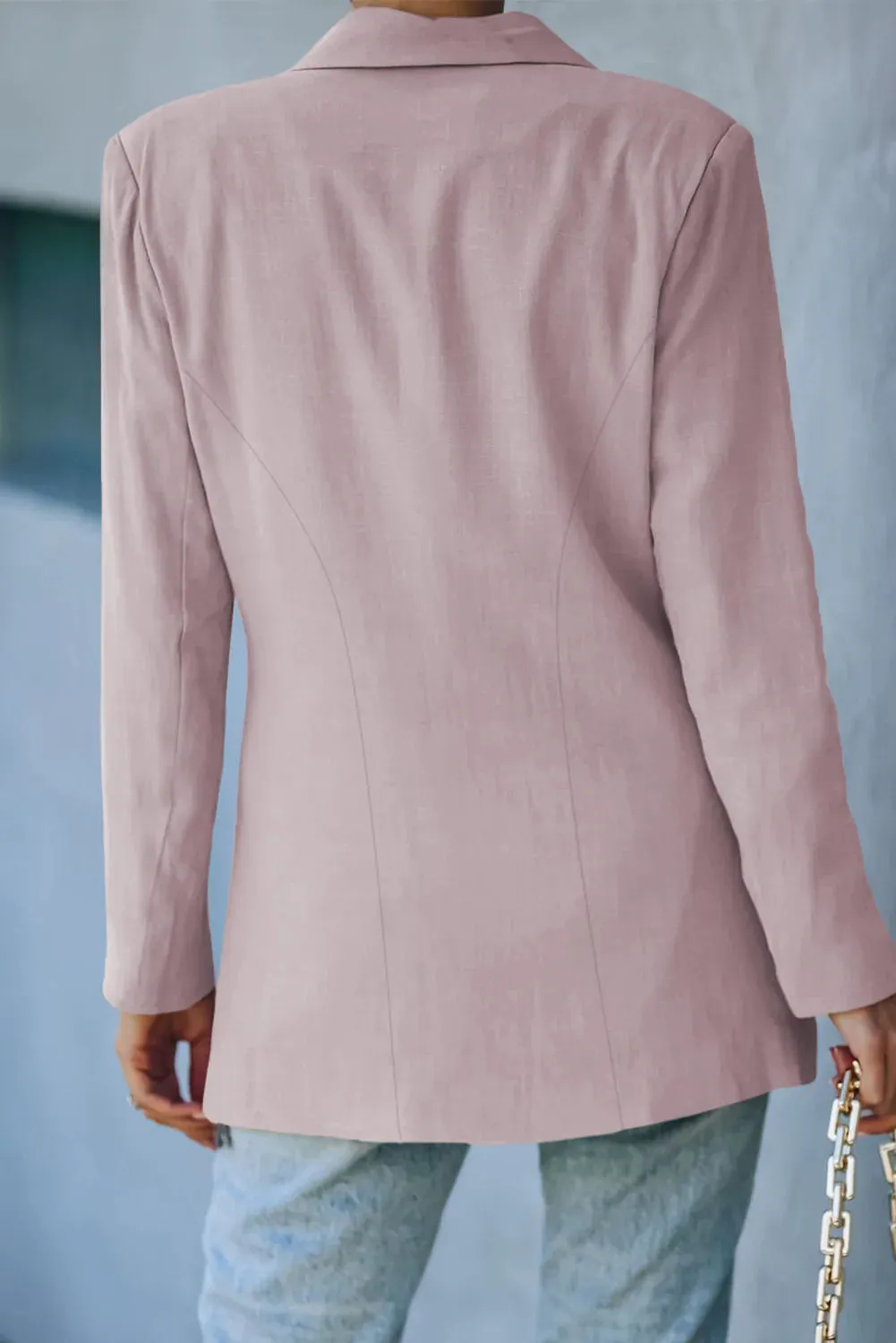 Pink Double-Breasted Padded Shoulder Blazer with Pockets