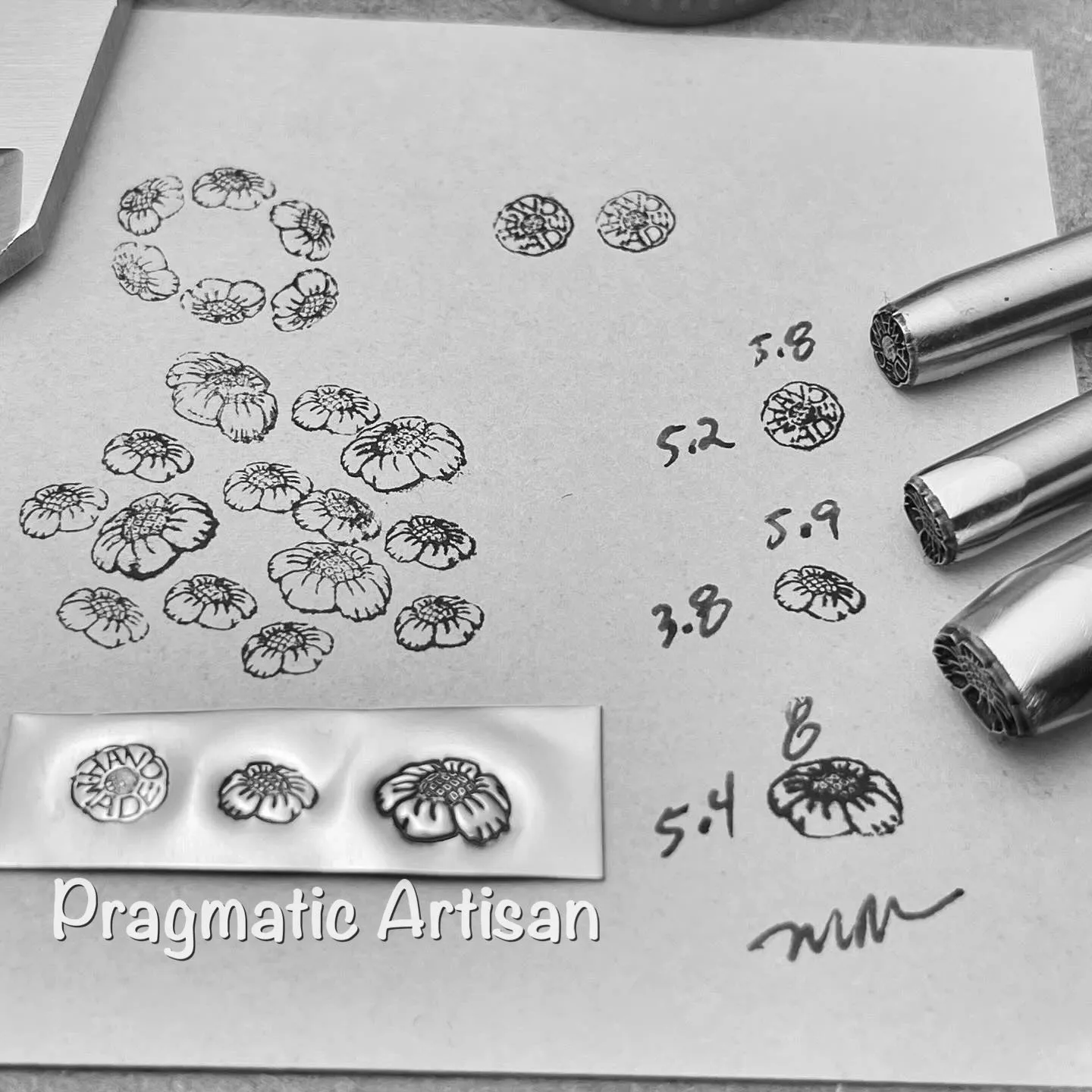 Sunflower Sketch in two available sizes. And a subtle HAND MADE round. Engraved Metal Hand Stamp.