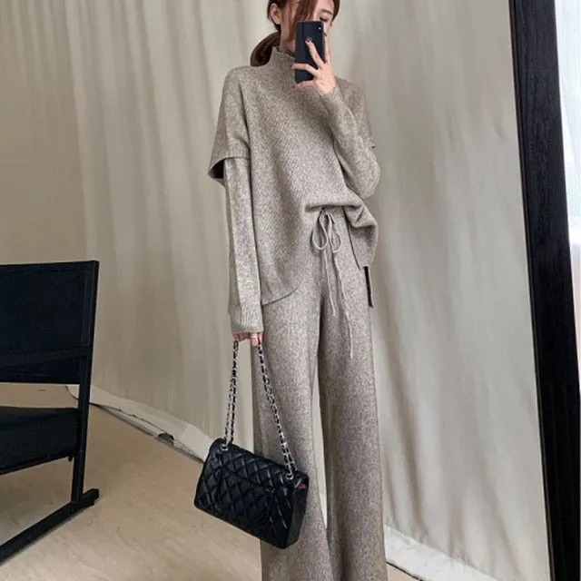 Sweater Set Woman Winter Knit Sweater   Vest   Pant 3 Piece Set Office Lady Suit Turtleneck Knit Set New Sweater for Women 2019