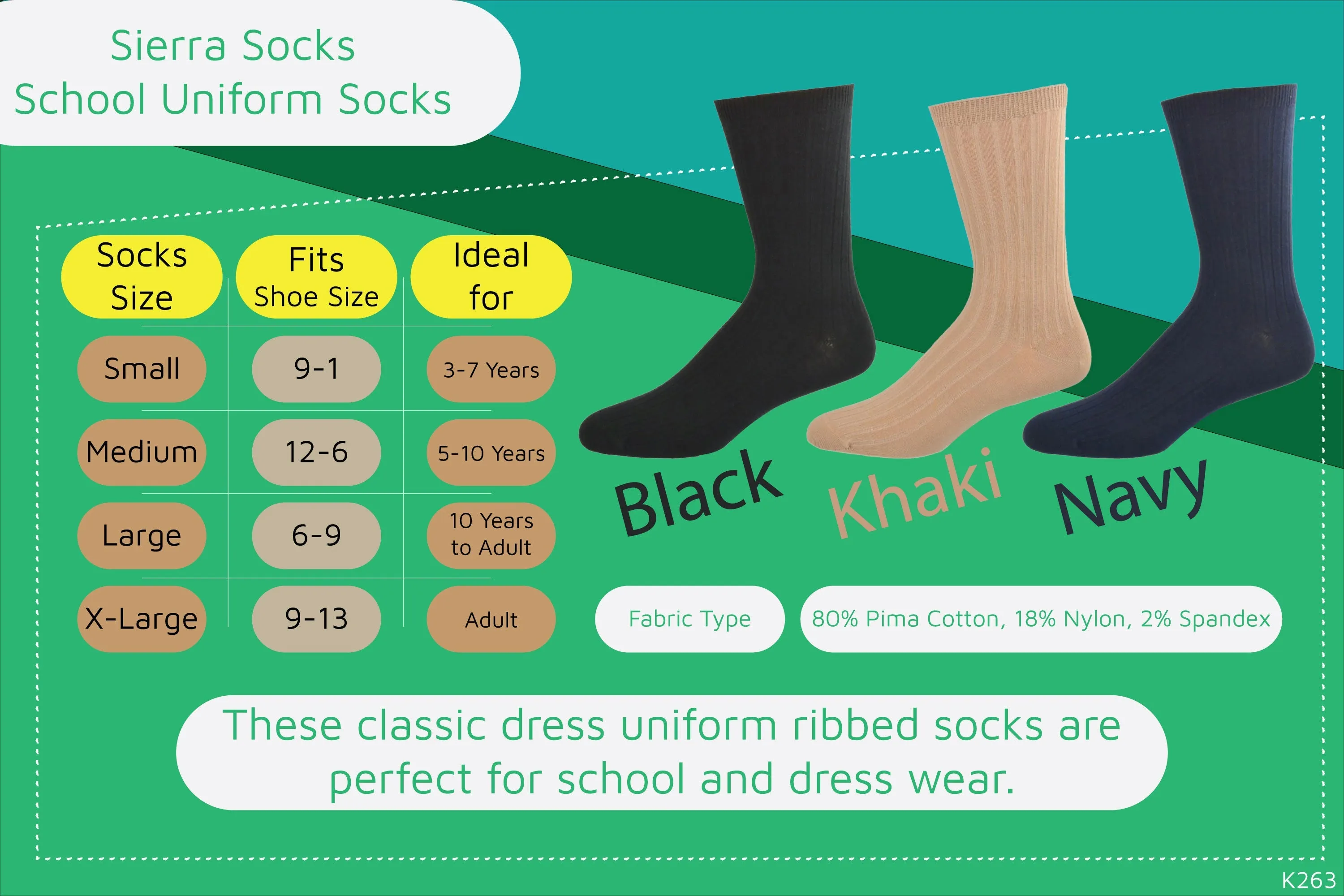 Teen's Crew Socks - Classic Dress Uniform Ribbed 3-Pair Packs